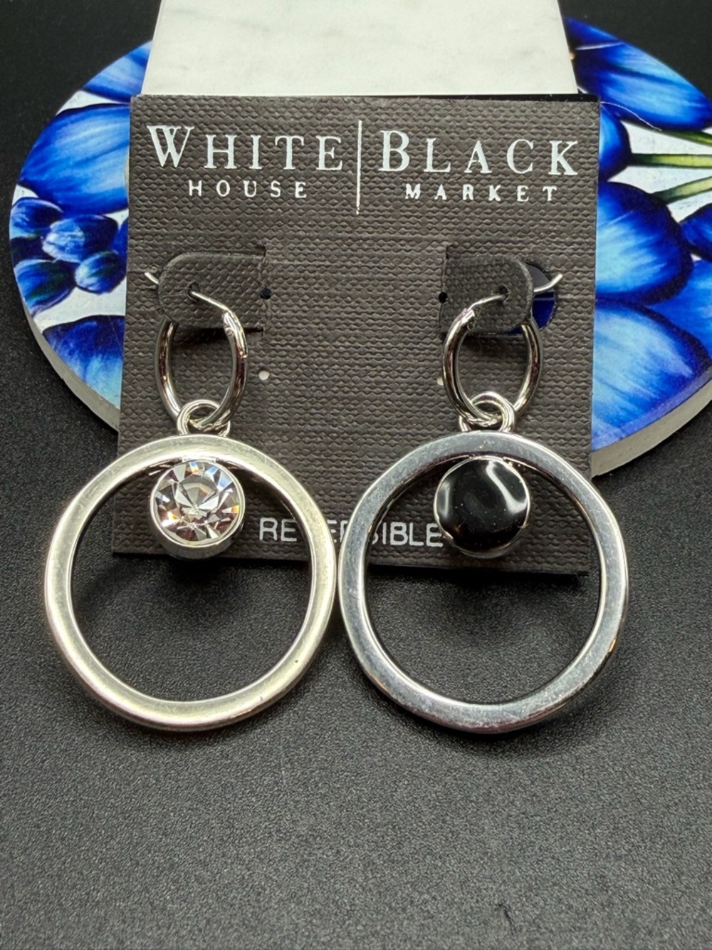 WHBM black crystal silver tone reversible earrings #E438 New on card!